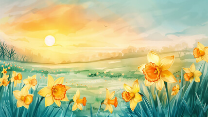 Fototapeta na wymiar Watercolor banner of a sunrise over a daffodil field, symbolizing new beginnings and hope