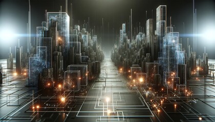 A digital landscape with 3D abstract shapes resembling futuristic buildings, illuminated with glowing lines of code and data streams.