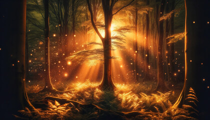 Golden Sunset Fills the Forest with a Warm and Inviting Glow - 786923857
