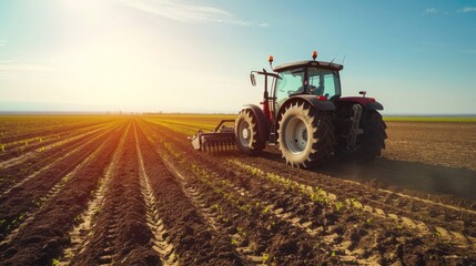 A modern tractor plows through an expansive agricultural field, preparing the soil for a new planting season under a clear sky. AIG41 - obrazy, fototapety, plakaty