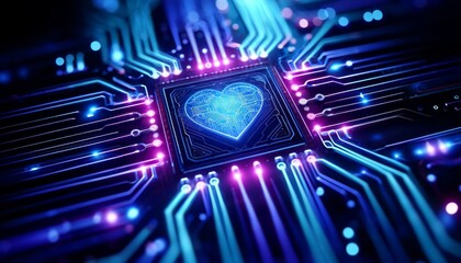 A digital or tech-inspired abstract design featuring an array of neon blue and purple circuit lines converging into a glowing, digital heart symbol in.