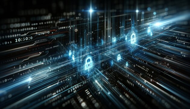 An abstract, tech-inspired visualization of a dark interface with light blue digital encryption codes moving across a cybersecurity firewall.