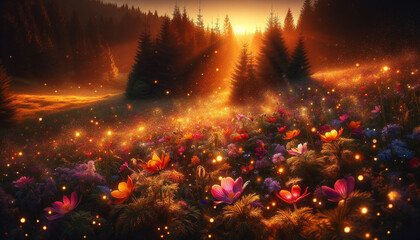 Dawn's Radiant Glow Bathes the Forest in a Warm, Golden Haze - 786924256