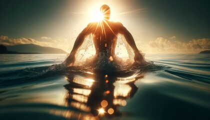 A hyper-realistic image of a swimmer's silhouette against the reflection of the sun on the ocean surface.