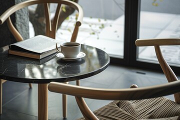 Close up photo of two wooden chairs with woven rope seats at a black marble table, with coffee and a book on the table, a window in the background, a modern architecture interior design