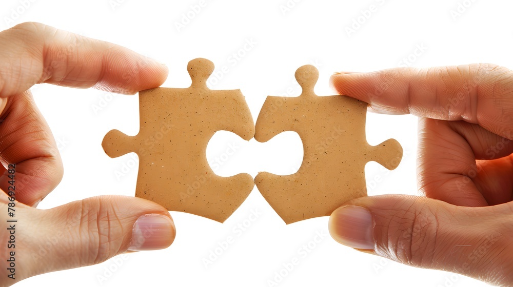 Poster hands connecting two puzzle pieces together. concept of teamwork and solution finding. simple, creat
