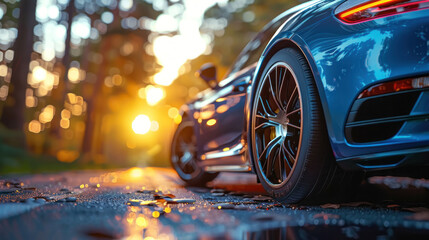 Closeup view of high-end supercar's sleek alloy wheels.