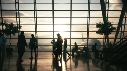 Passengers in the airport terminal. Waiting area in the airport terminal. View from the airport terminal