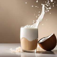 A glass of creamy coconut almond milk with a splash of honey5 - obrazy, fototapety, plakaty