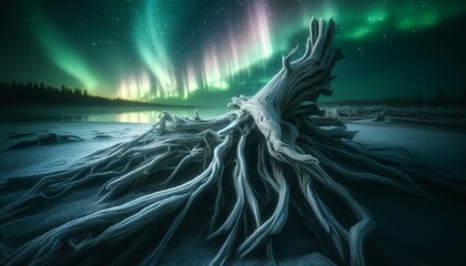 An image of an old, gnarled tree root twisting across a frozen landscape under the northern lights. - Powered by Adobe
