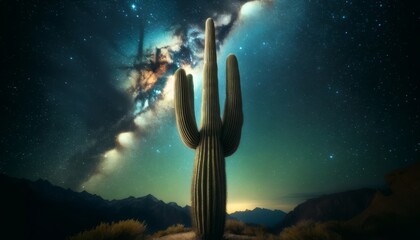 An image of a towering cactus standing alone against the backdrop of the Milky Way.