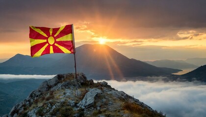The Flag of North Macedonia On The Mountain.