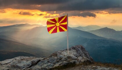 The Flag of North Macedonia On The Mountain. - obrazy, fototapety, plakaty