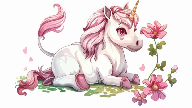 Color image of a funny cartoon unicorn with a flower.