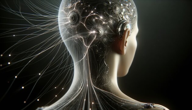 An elegant and sophisticated neural link device attached to the back of a person's head, where the skin and machinery merge organically.