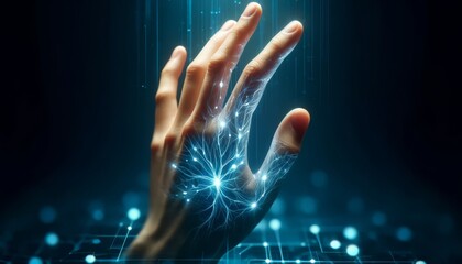A person's hand with translucent skin revealing a network of glowing neural links interfacing with digital streams.