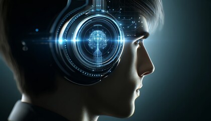 An individual wearing a futuristic headset, with a visible neural link interface activating on the temple, surrounded by a halo of light.