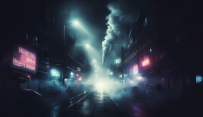 A dark and foggy street with cars and buildings on either side.

