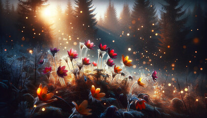 Mystical Autumn Forest with Floating Spores and a Warm Glowing Ambience - 786925075