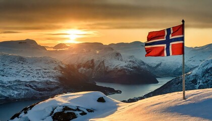 The Flag of Norway On The Mountain.