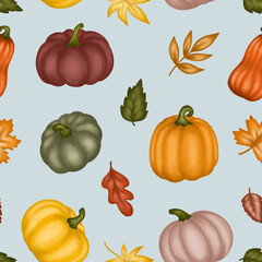Autumn pumpkins seamless pattern background with leaves, hand made not AI