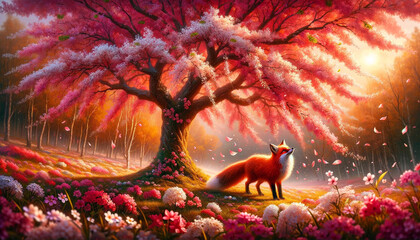 Obraz premium Enchanted Spring Reverie: A Red Fox Amidst Blossoming Cherry Trees at Dusk.