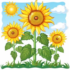 Bright Sunflowers Illustration with Sunny Sky Background