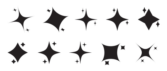 Twinkle star shape symbols. Minimalist silhouette stars icon. Modern geometric elements, shining star icons, abstract sparkle black silhouettes symbol vector set. Used in web , templates in eps 10.