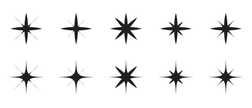 Twinkle star shape symbols. Minimalist silhouette stars icon. Modern geometric elements, shining star icons, abstract sparkle black silhouettes symbol vector set. Used in web , templates in eps 10.