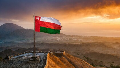 The Flag of Oman On The Mountain. - obrazy, fototapety, plakaty