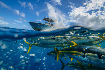 Fishermen on a small boat above a large school of fish captured in a stunning split underwater and above water shot in the open ocean. - obrazy, fototapety, plakaty