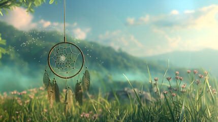 Beautiful dream catcher on nature background with lights, Dream catcher with feathers in the sunlight, A dream catcher, hanging from a twig, with the evening sun, warm and nostalgic background