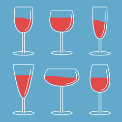 Red wine glass set. Different shape collection. White contour outline icon. Shining glossy utensils. Food and drink concept. Menu template. Minimal line flat design. Blue background Isolated. Vector