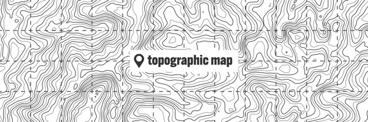 Topographic map with contour lines. Geographic terrain grid, relief height elevation. Ground path pattern. Travel and navigation, cartography design element. Vector illustration
