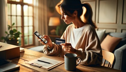 A woman in casual home attire, with her hair tied back, sits at a wooden desk with a smartphone and credit card in hand.