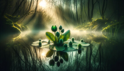 Mystical Morning in the Marsh: Water Lilies Unfurling Under a Veil of Mist. - 786926098