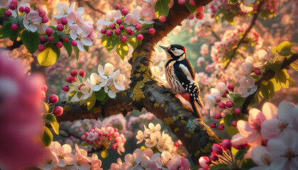 Sunset Serenade: A Woodpecker Amidst the Cherry Blossoms' Springtime Splendor - 786926252