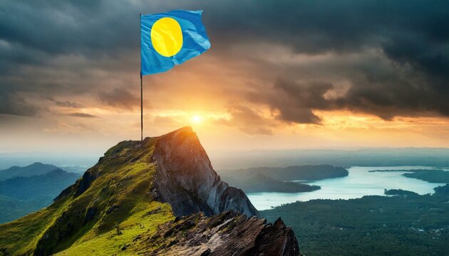 The Flag of Palau On The Mountain.