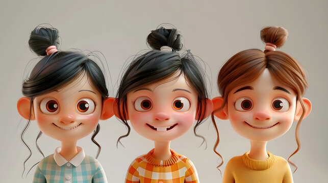 Happy smiling three cartoon character girl kid child children person portrait in 3d style design on light background. Human people feelings expression concept