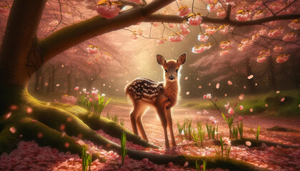 Spring’s First Blush: A Fawn’s Gentle Encounter with the Morning’s Cherry Blossoms - 786926473