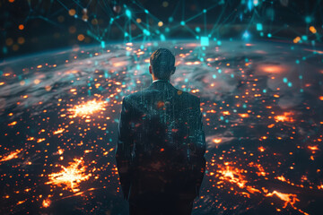 A man is engaged with a complex holographic interface, showcasing a mesh of digital connections, hinting at advanced computing or virtual reality.
