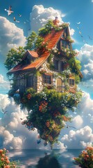 Houses and flowers flying in the air, a fairy tale world