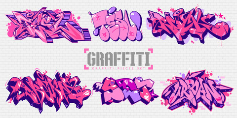 Trendy Abstract Colorful Urban Graffiti Style Street Art Lettering Vector Illustration Set