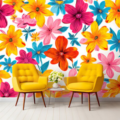 Floral cross: a symbol of springtime faith. This pop art wallpaper bursts with blooming flowers,...