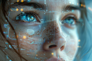 Close-up of a woman's face with a blue eye reflecting a futuristic digital interface, symbolizing advanced technology integration..