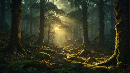 rays of light in the forest - obrazy, fototapety, plakaty