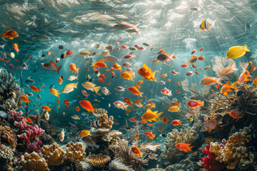 Fototapeta na wymiar A bustling underwater coral reef ecosystem teeming with colorful tropical fish, showcasing the biodiversity of marine life..