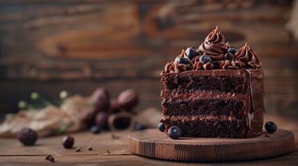 Chocolate cake set against a wooden backdrop