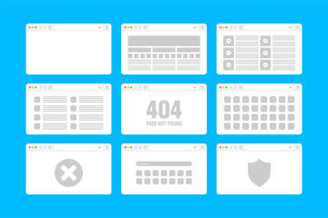 Web browser window, pages layout with toolbar and search field. Modern website, internet page in flat style. Browser mockup for computer, tablet and smartphone. Adaptive UI. Vector illustration