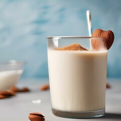 A glass of creamy cashew almond milk with a sprinkle of cinnamon1 - obrazy, fototapety, plakaty